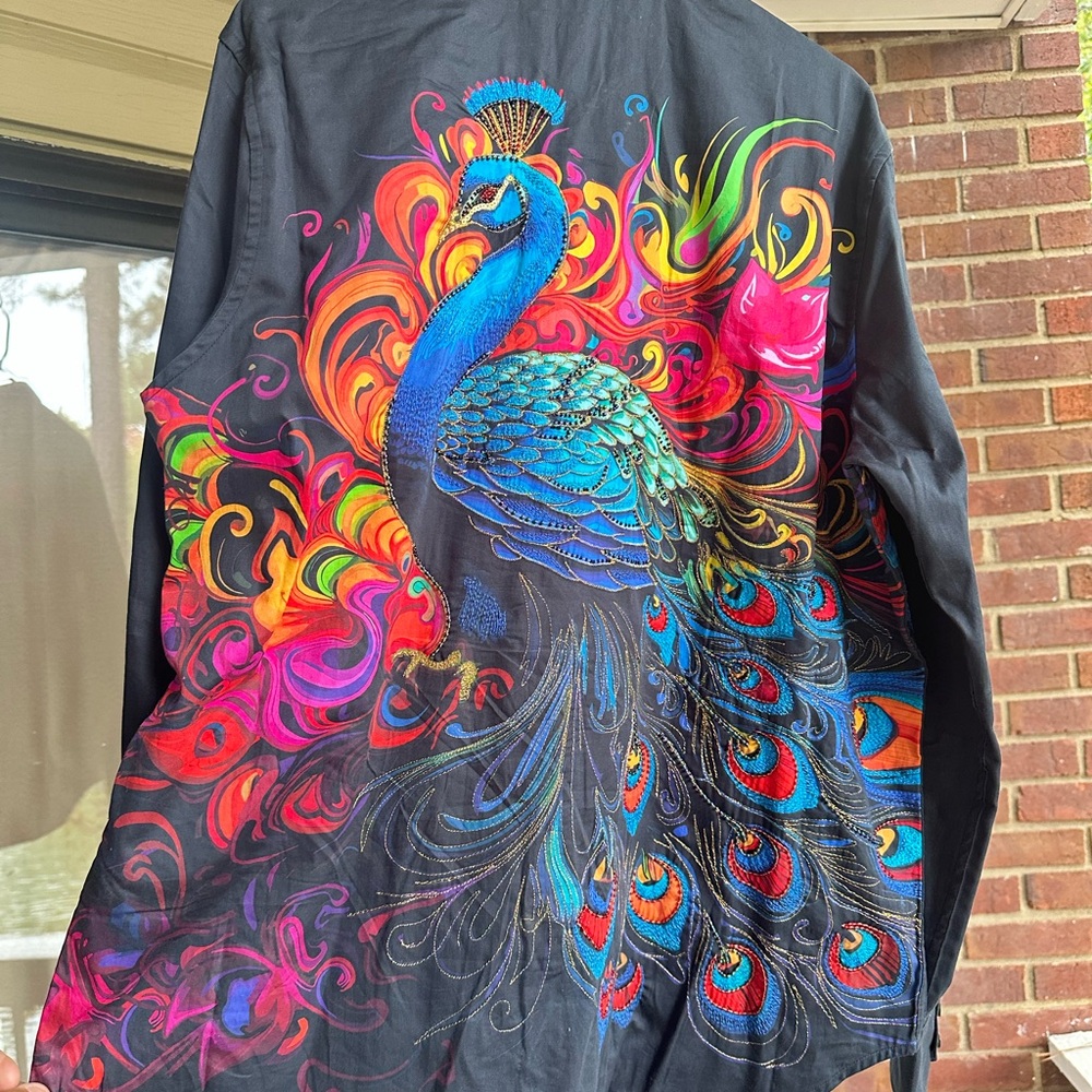 Robert Graham Black Shirt with Colorful Peacock Design